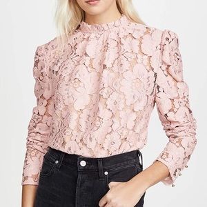 NWT WAYF emma puff sleeve ruffle mock neck pink lace blouse size XXS